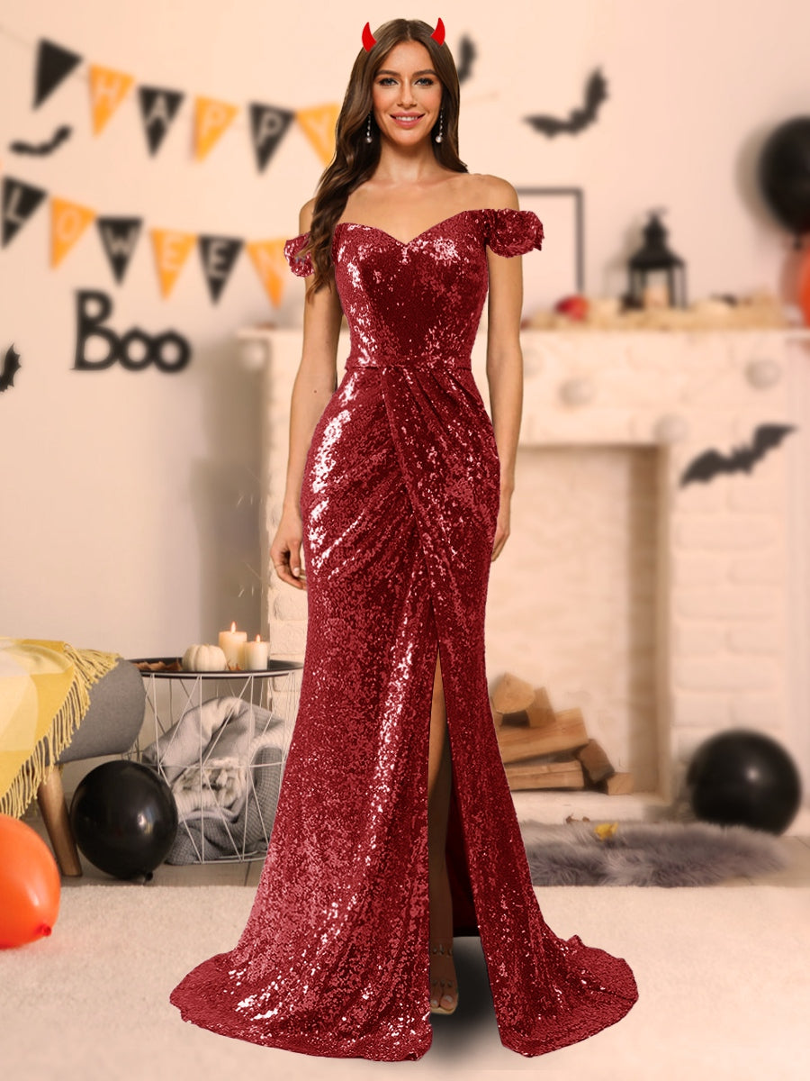 Sparkly Trumpet/Mermaid Off-the-Shoulder Long Halloween Dresses with Split Side