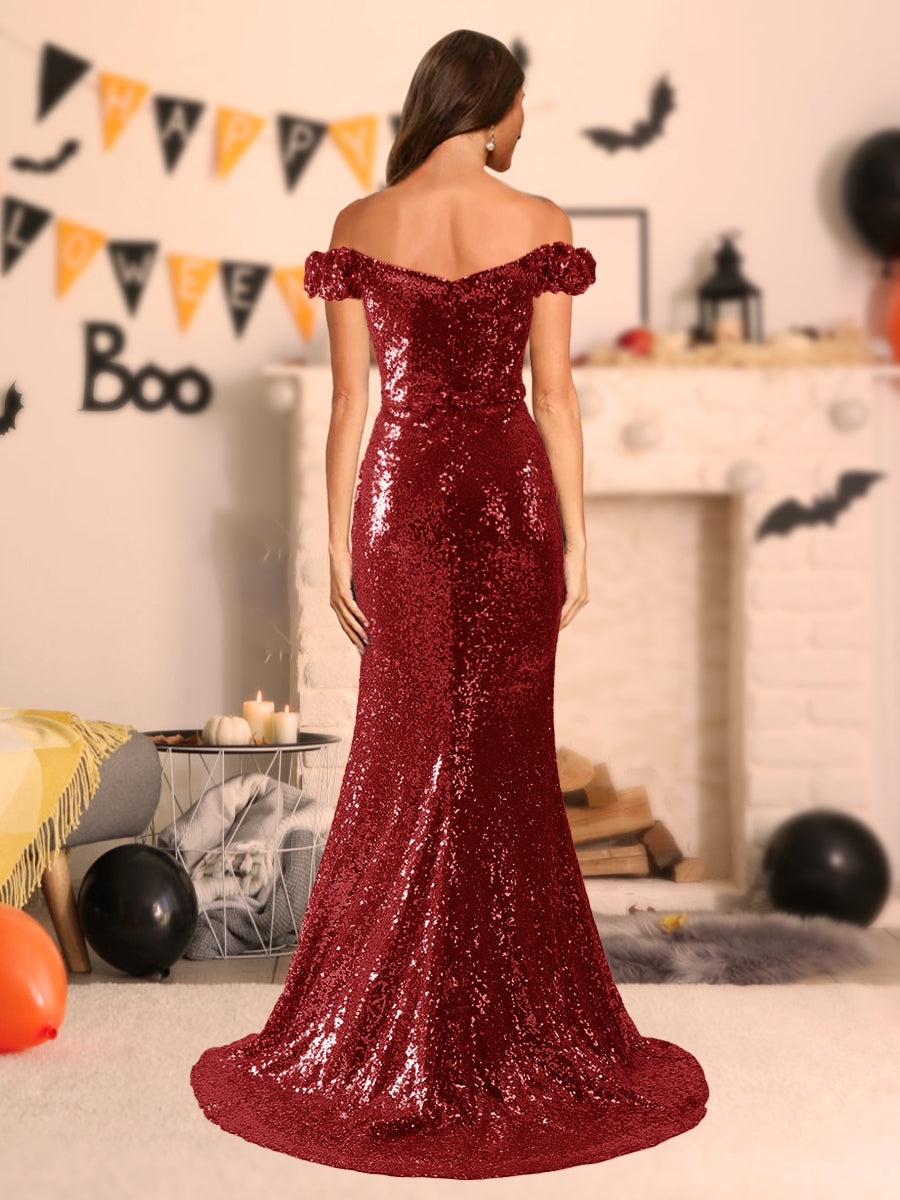 Sparkly Trumpet/Mermaid Off-the-Shoulder Long Halloween Dresses with Split Side