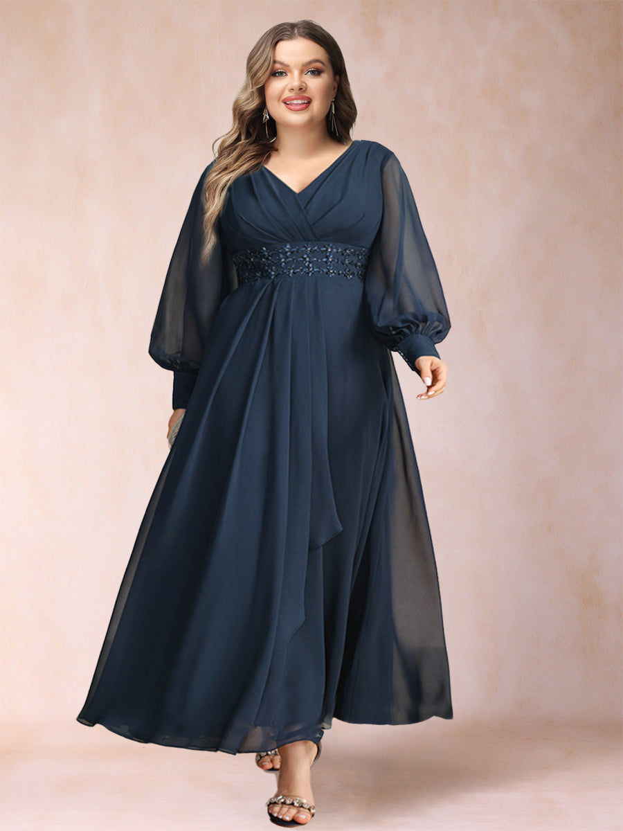 A-Line/Princess V-Neck Long Sleeves Plus Size Mother of the Bride Dresses with Rhinestone & Ruffles