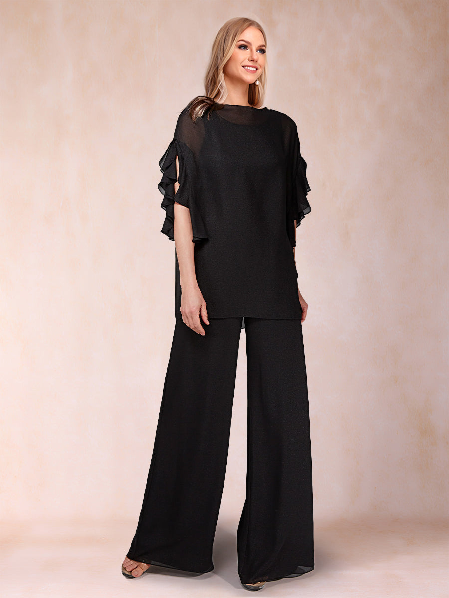 Black Chiffon Scoop Half Sleeves 2 Pieces Pantsuits with Ruches