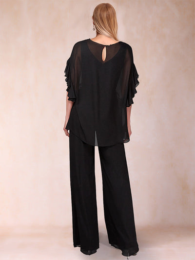 Black Chiffon Scoop Half Sleeves 2 Pieces Pantsuits with Ruches