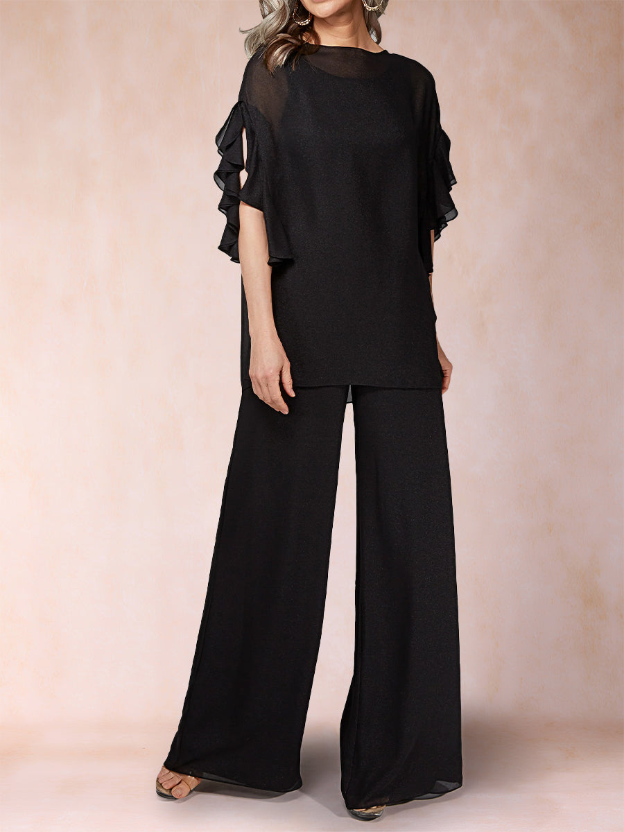 Black Chiffon Scoop Half Sleeves 2 Pieces Pantsuits with Ruches