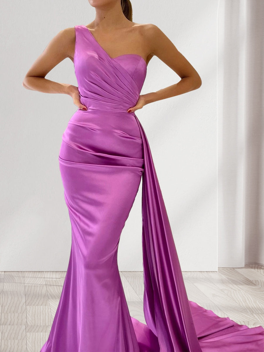 Trumpet/Mermaid One-Shoulder Ruched Evening Dresses with Watteau Train