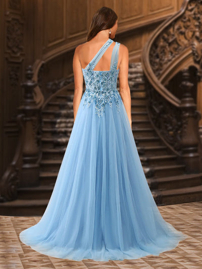 A-Line/Princess One-Shoulder Sleeveless Tulle Evening Dresses with Appliques