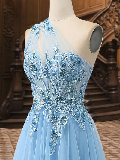 A-Line/Princess One-Shoulder Sleeveless Tulle Evening Dresses with Appliques