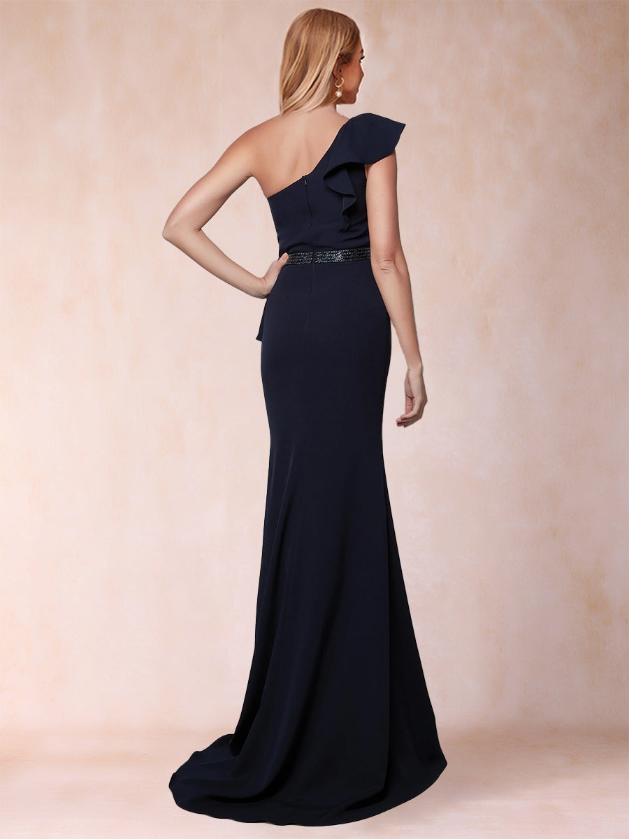 Sheath/Column One-Shoulder Ruched Mother of the Bride Dresses with Ruffles & Split Side