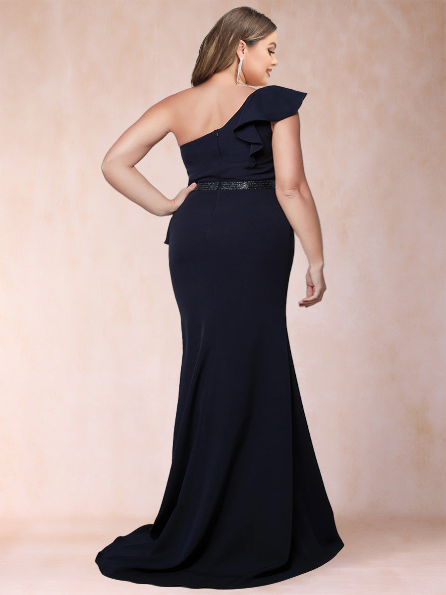 Sheath/Column One-Shoulder Ruched Plus Size Mother of the Bride Dresses with Ruffles & Split Side