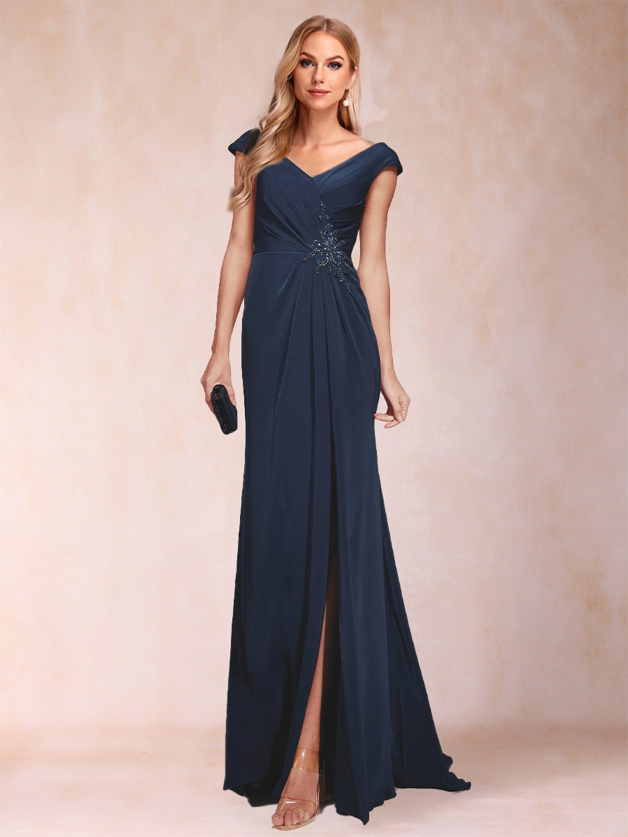 Sheath/Column V-Neck Ruched Mother of the Bride Dresses with Appliques & Split Side