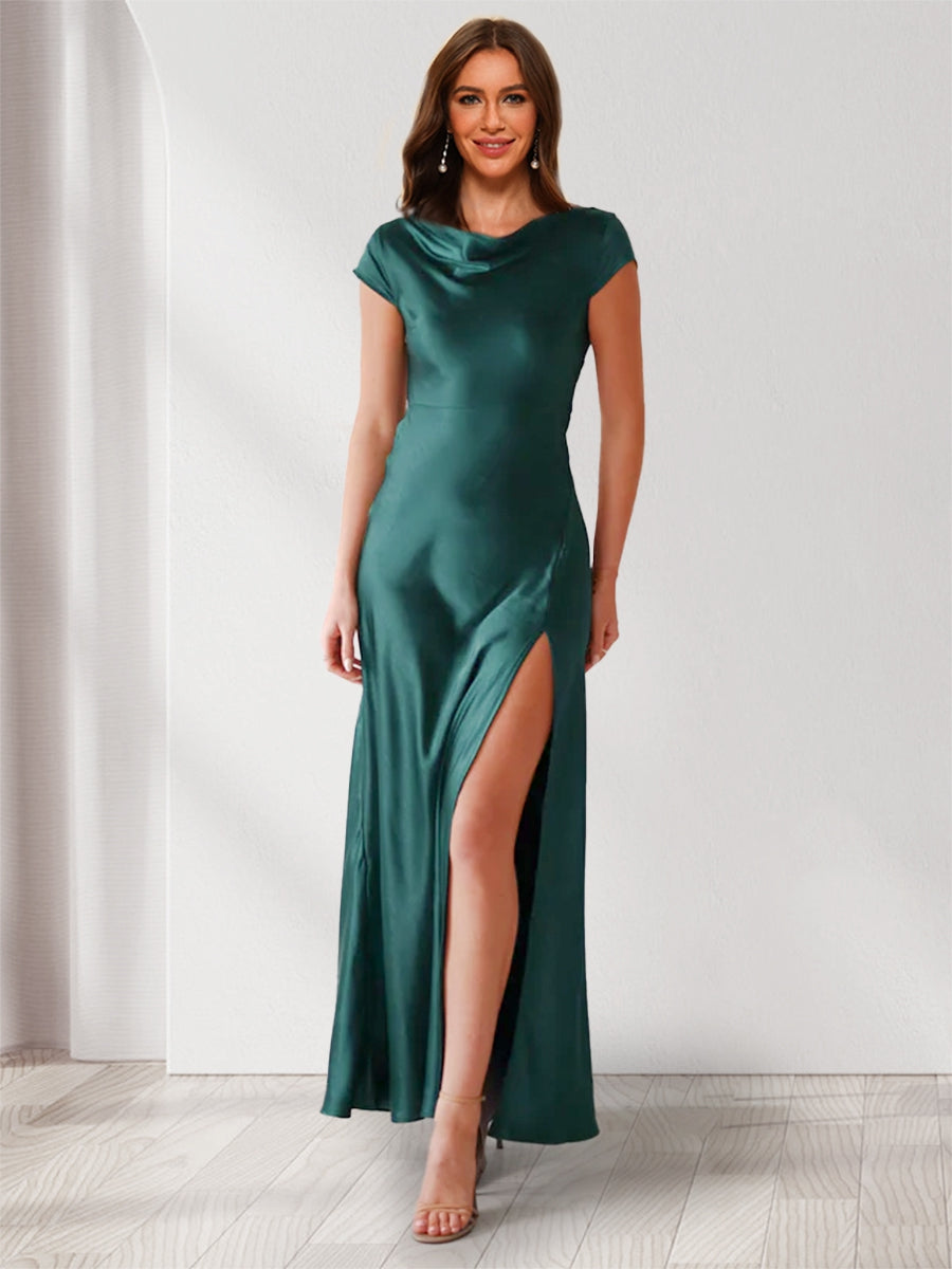 Sheath/Column Cowl Neck Short Sleeves Ankle-Length Evening Dresses with Split Side