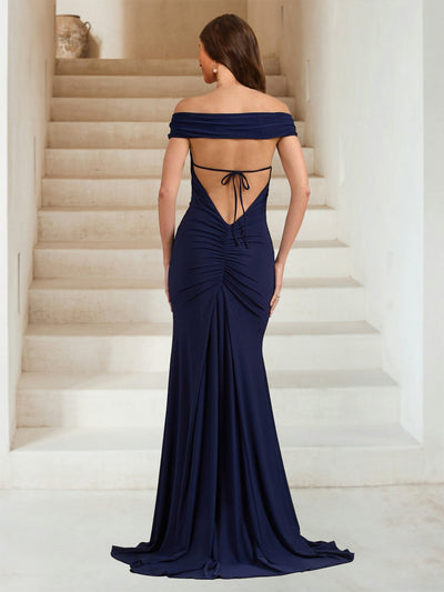 Trumpet/Mermaid Off-the-Shoulder Ruched Evening Dresses with Side Slit & Ruffles