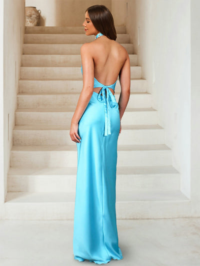 Sheath/Column Halter Ruched Floor-Length Sexy Long Prom Dresses with Rhinestone