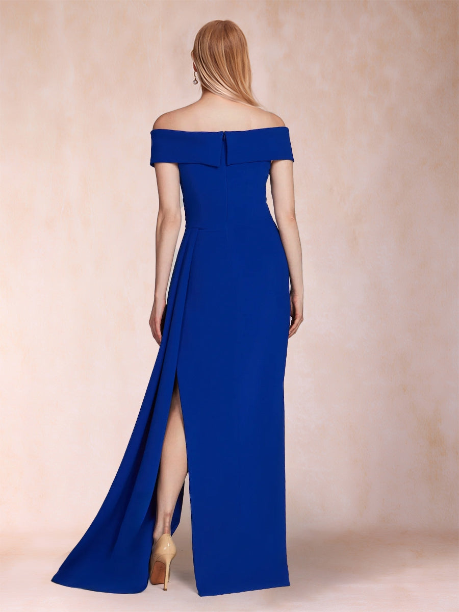 Sheath/Column Off-the-Shoulder Floor-Length Evening Dresses with Split Side & Watteau Train