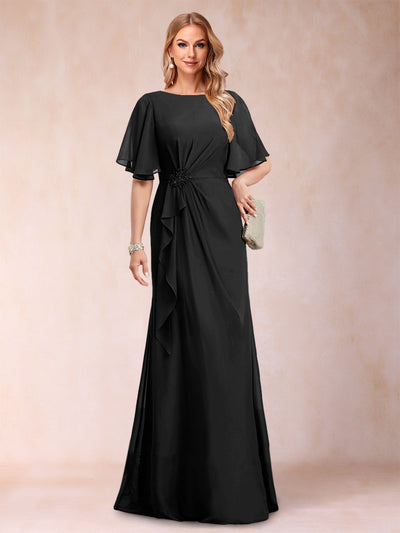 A-Line/Princess Scoop Black Chiffon Mother of the Bride Dresses with Appliques & Ruffles