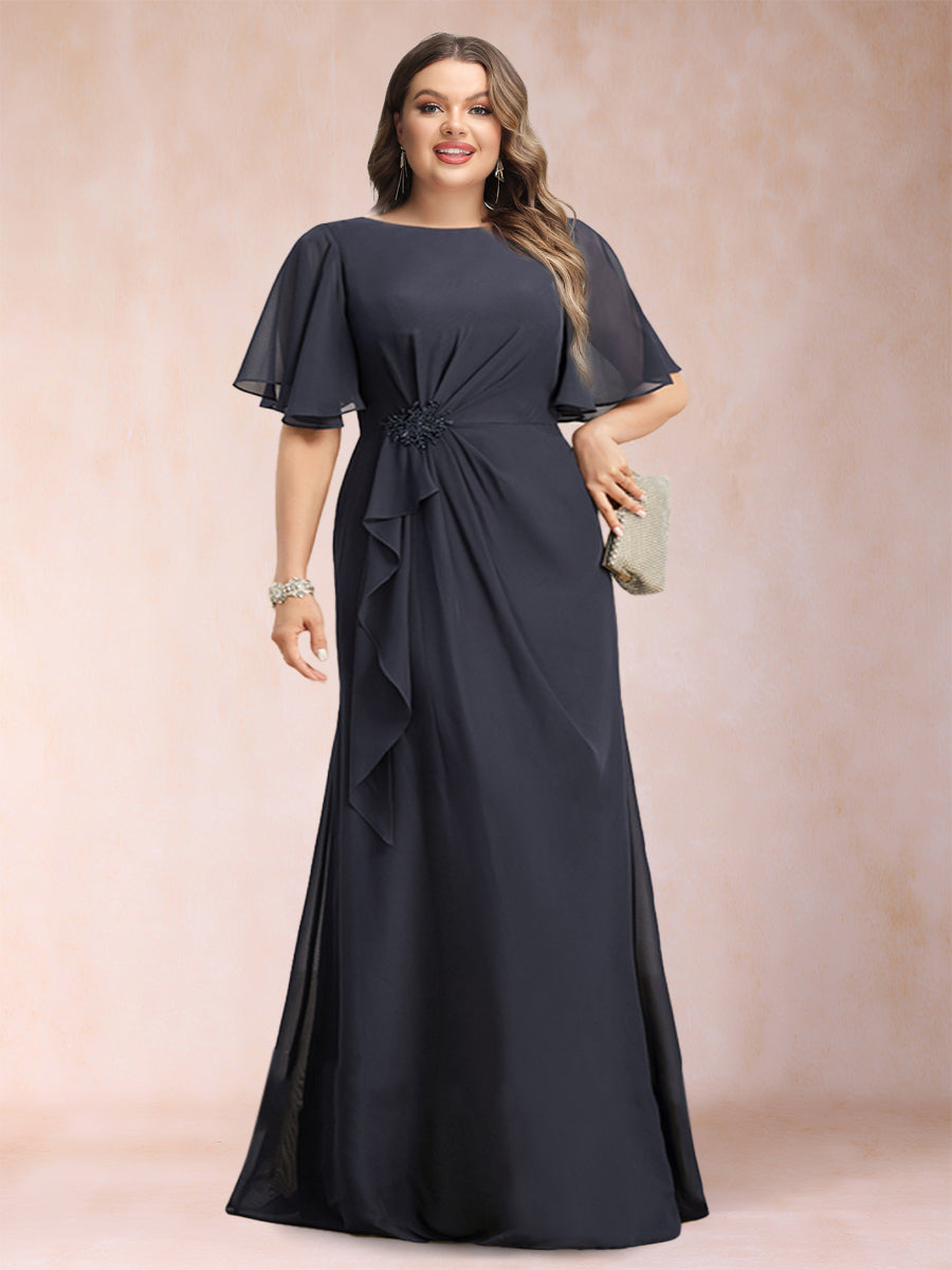 A-Line/Princess Scoop Black Chiffon Plus Size Mother of the Bride Dresses with Appliques & Ruffles