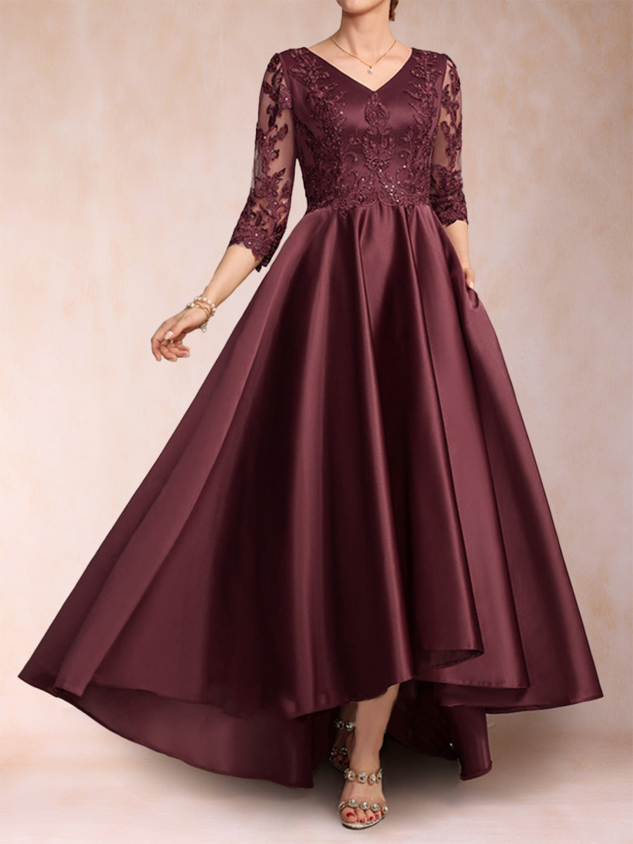 A-Line/Princess V-Neck 3/4 Sleeves Asymmetrical Mother of the Bride Dresses with Appliques