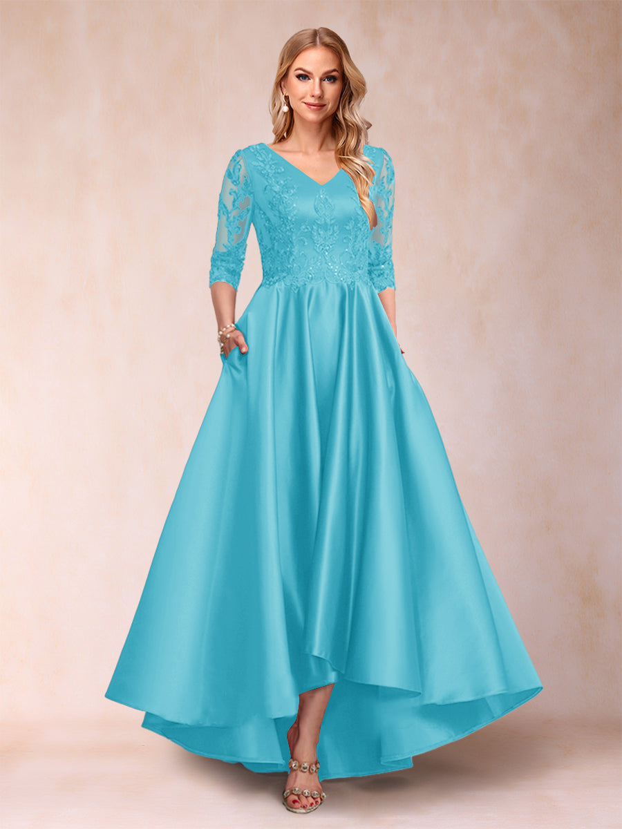 A-Line/Princess V-Neck 3/4 Sleeves Asymmetrical Mother of the Bride Dresses with Appliques