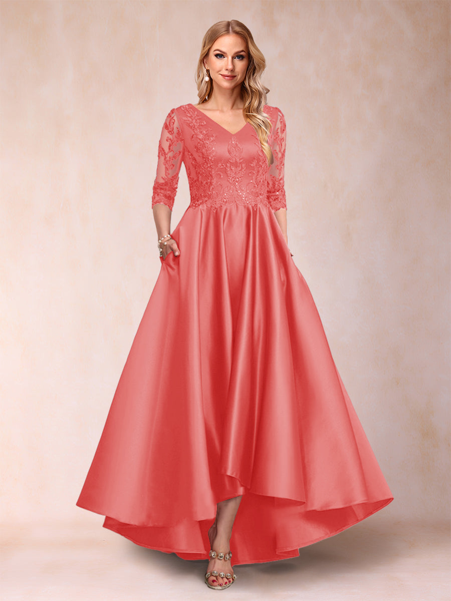 A-Line/Princess V-Neck 3/4 Sleeves Asymmetrical Mother of the Bride Dresses with Appliques