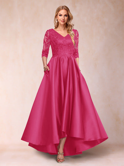 A-Line/Princess V-Neck 3/4 Sleeves Asymmetrical Mother of the Bride Dresses with Appliques