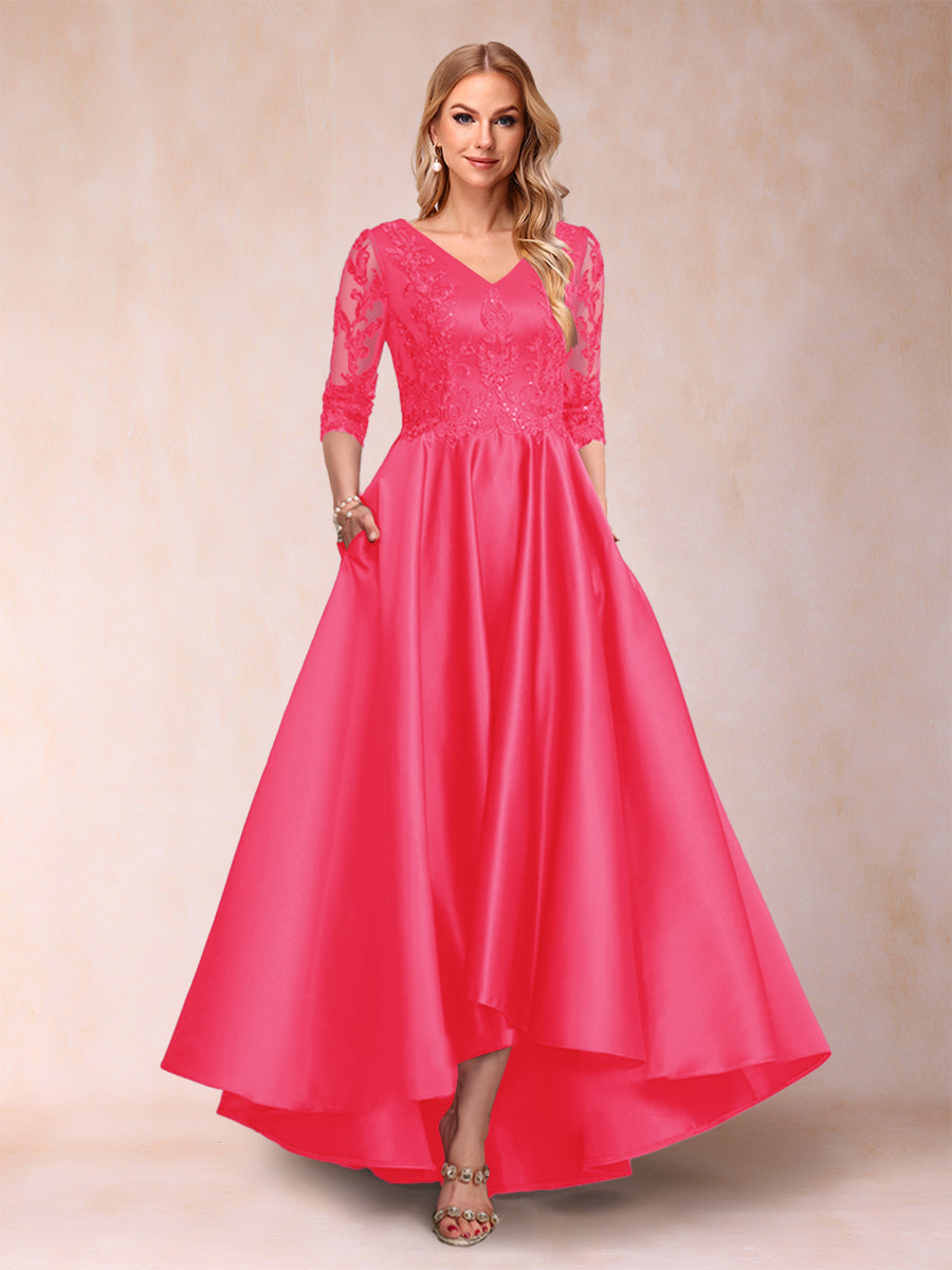 A-Line/Princess V-Neck 3/4 Sleeves Asymmetrical Mother of the Bride Dresses with Appliques