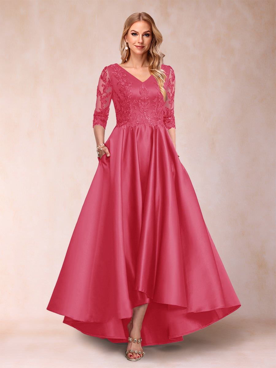 A-Line/Princess V-Neck 3/4 Sleeves Asymmetrical Mother of the Bride Dresses with Appliques