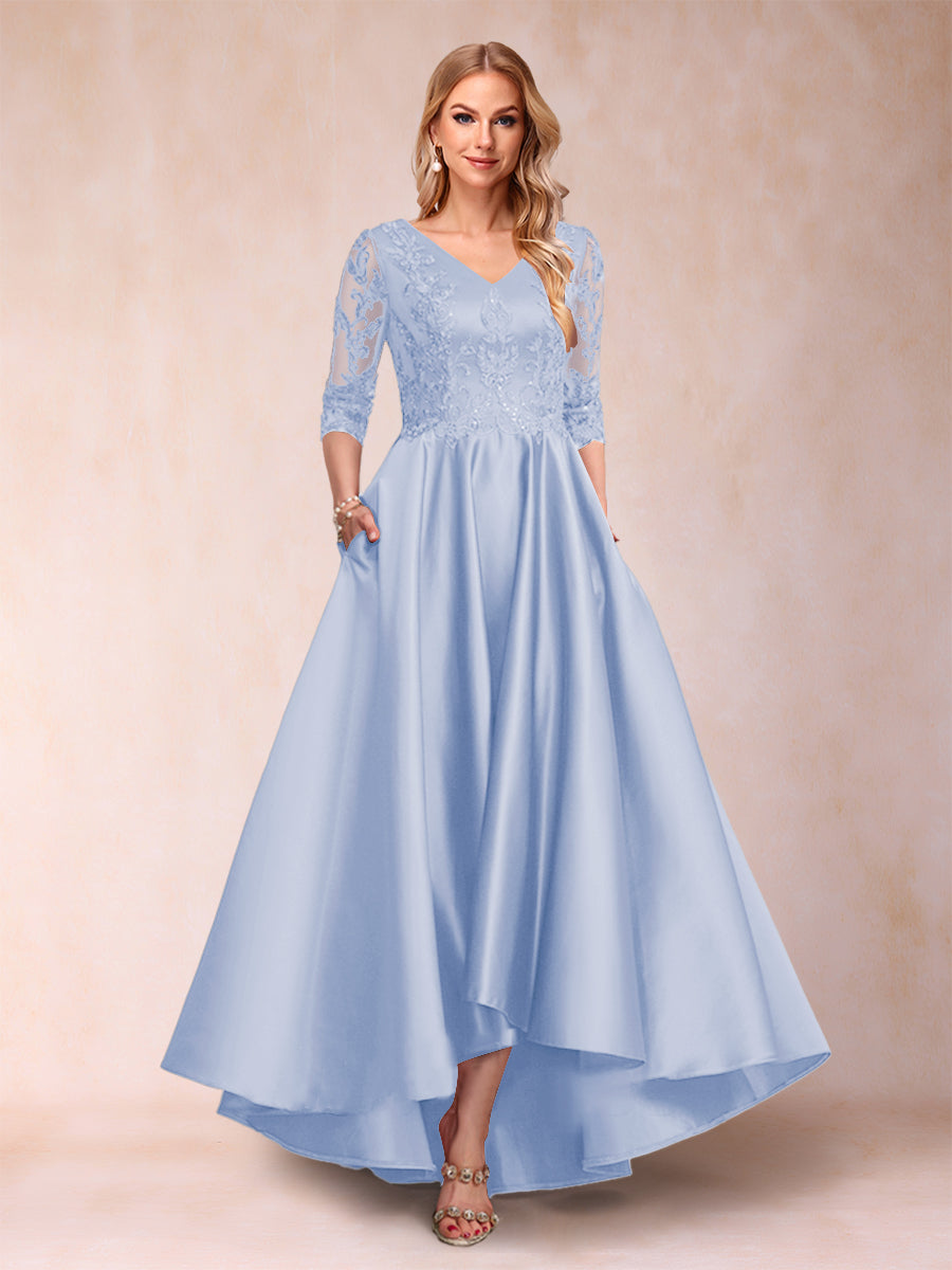 A-Line/Princess V-Neck 3/4 Sleeves Asymmetrical Mother of the Bride Dresses with Appliques