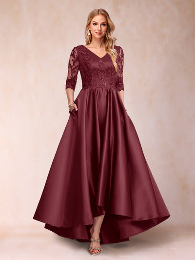 A-Line/Princess V-Neck 3/4 Sleeves Asymmetrical Mother of the Bride Dresses with Appliques