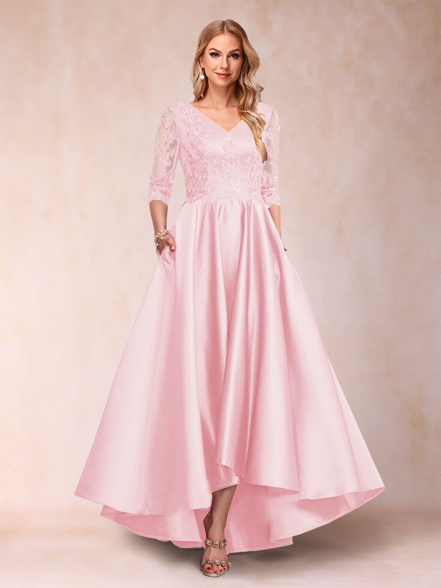 A-Line/Princess V-Neck 3/4 Sleeves Asymmetrical Mother of the Bride Dresses with Appliques