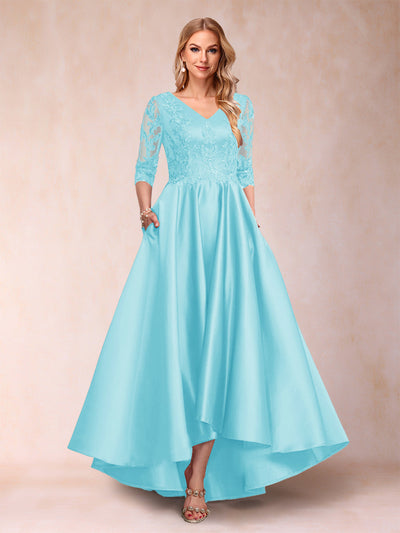 A-Line/Princess V-Neck 3/4 Sleeves Asymmetrical Mother of the Bride Dresses with Appliques