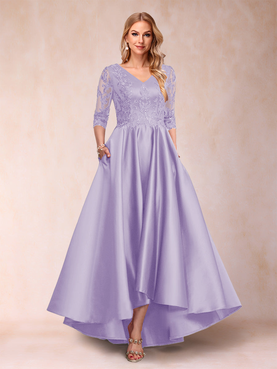 A-Line/Princess V-Neck 3/4 Sleeves Asymmetrical Mother of the Bride Dresses with Appliques