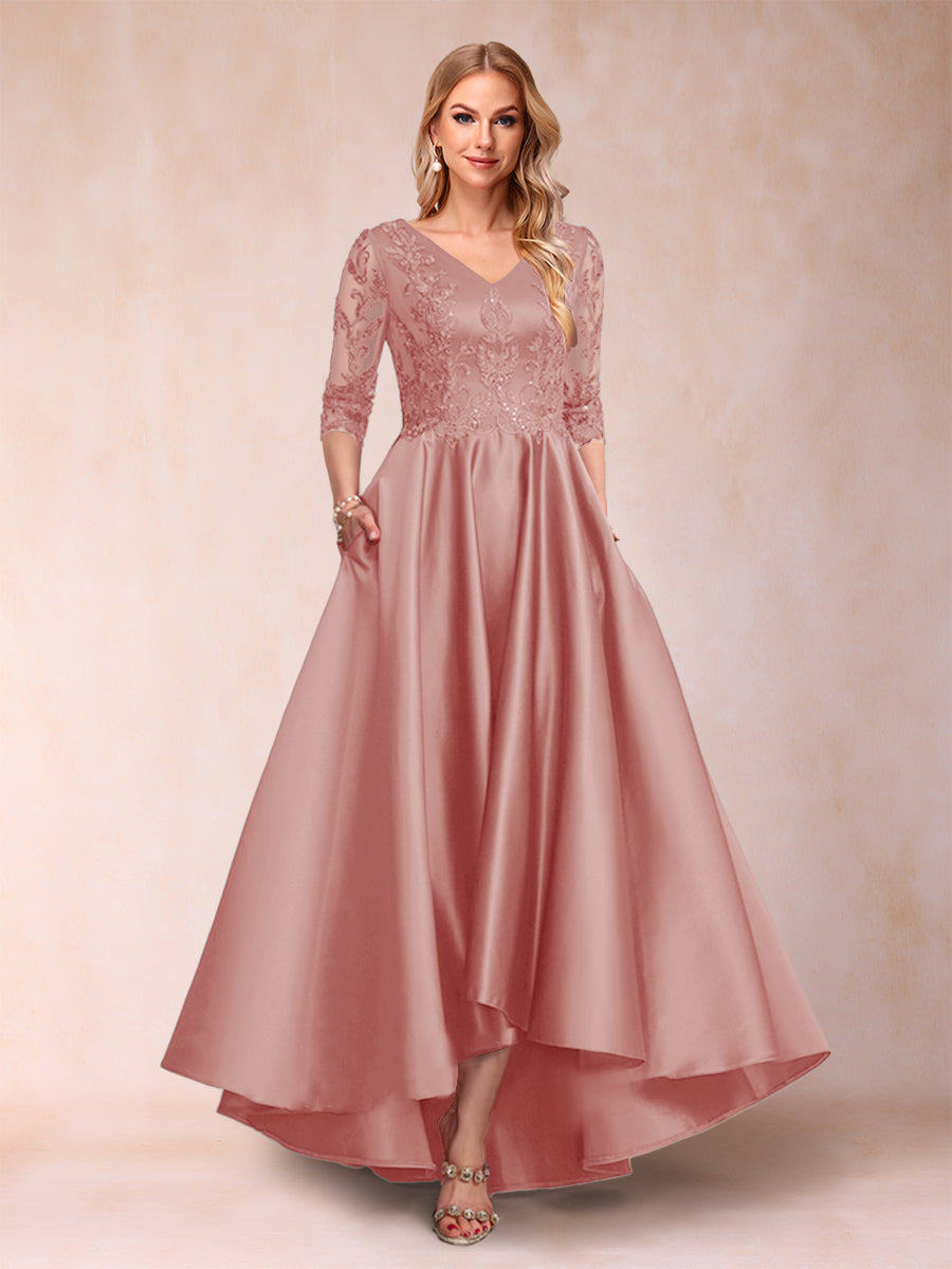 A-Line/Princess V-Neck 3/4 Sleeves Asymmetrical Mother of the Bride Dresses with Appliques