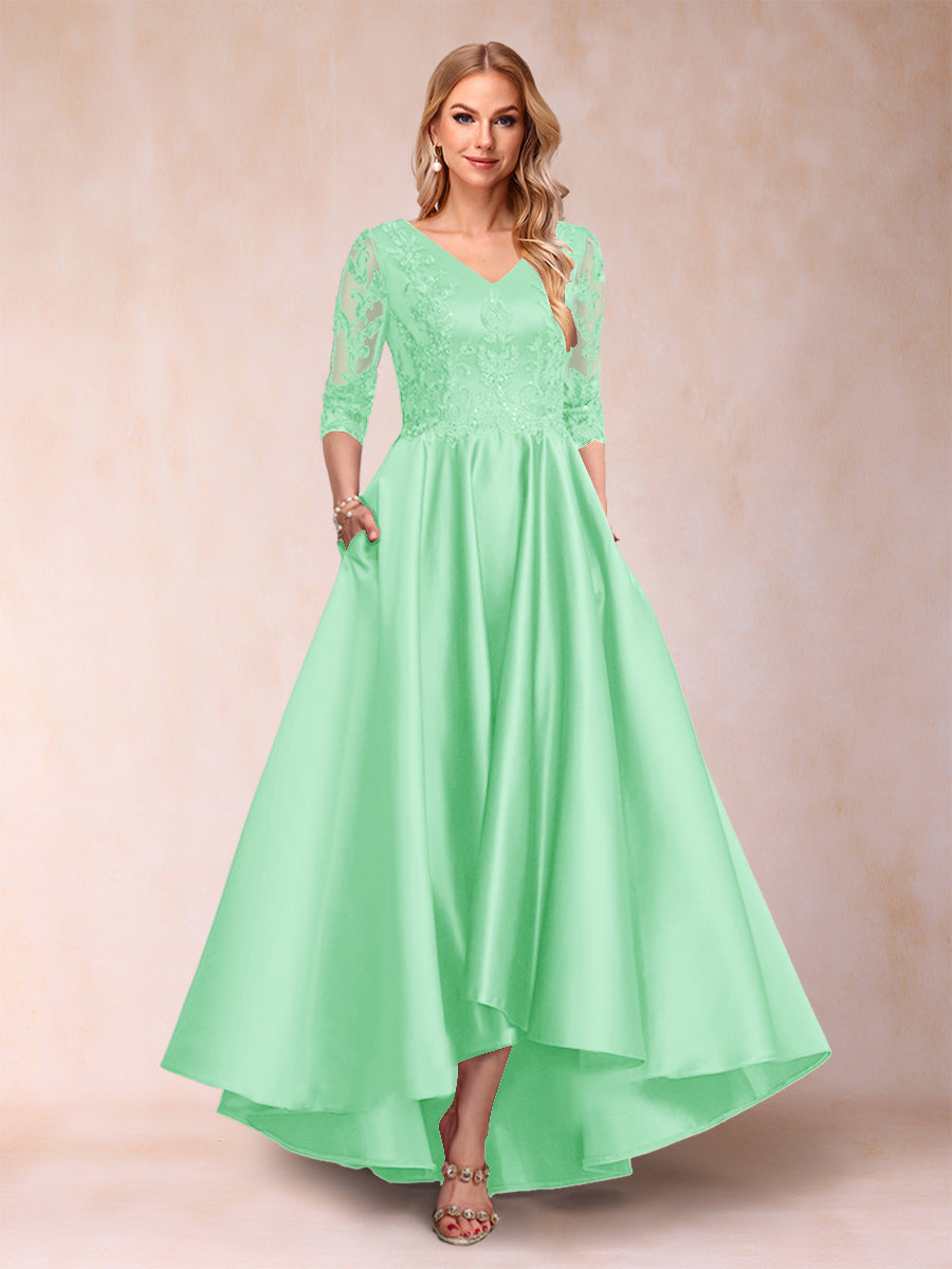 A-Line/Princess V-Neck 3/4 Sleeves Asymmetrical Mother of the Bride Dresses with Appliques