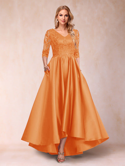 A-Line/Princess V-Neck 3/4 Sleeves Asymmetrical Mother of the Bride Dresses with Appliques