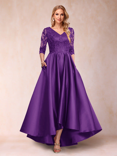 A-Line/Princess V-Neck 3/4 Sleeves Asymmetrical Mother of the Bride Dresses with Appliques