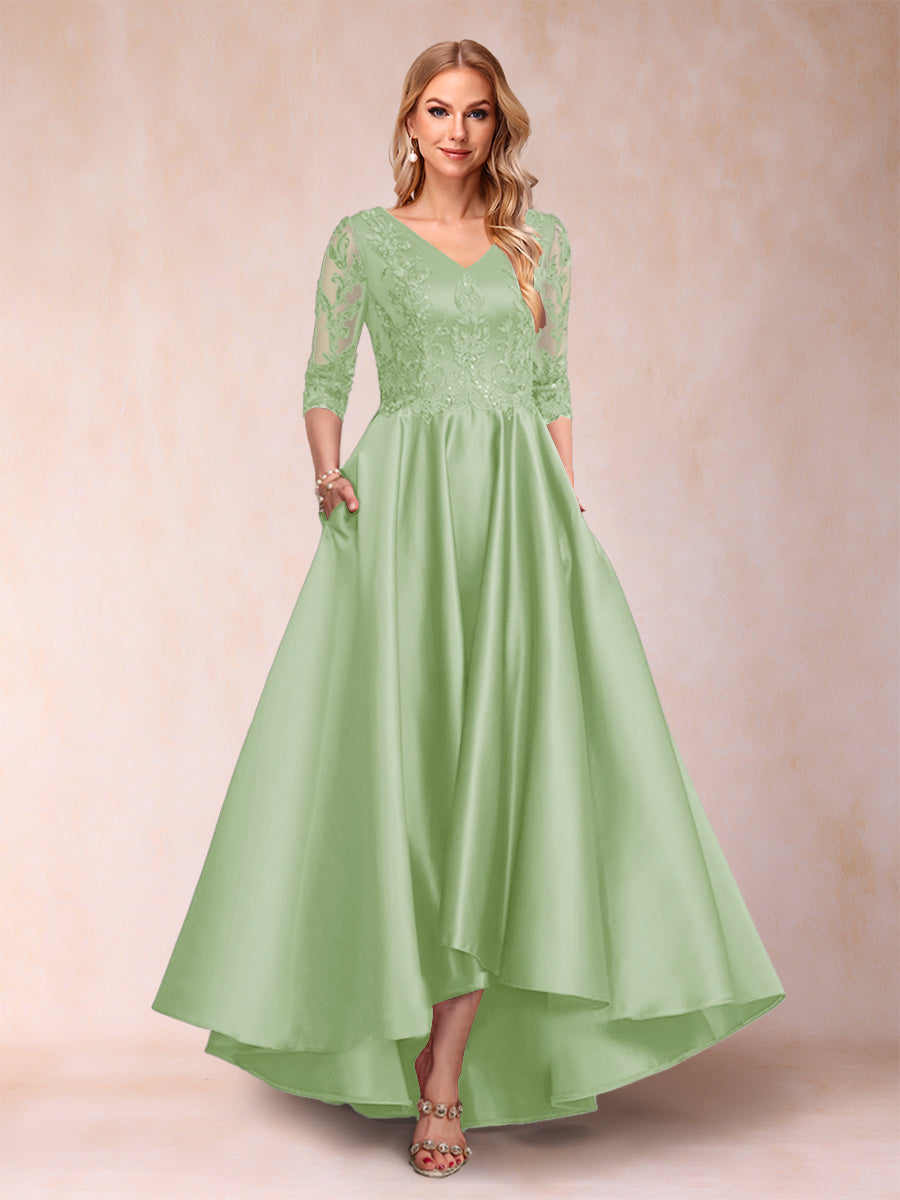 A-Line/Princess V-Neck 3/4 Sleeves Asymmetrical Mother of the Bride Dresses with Appliques