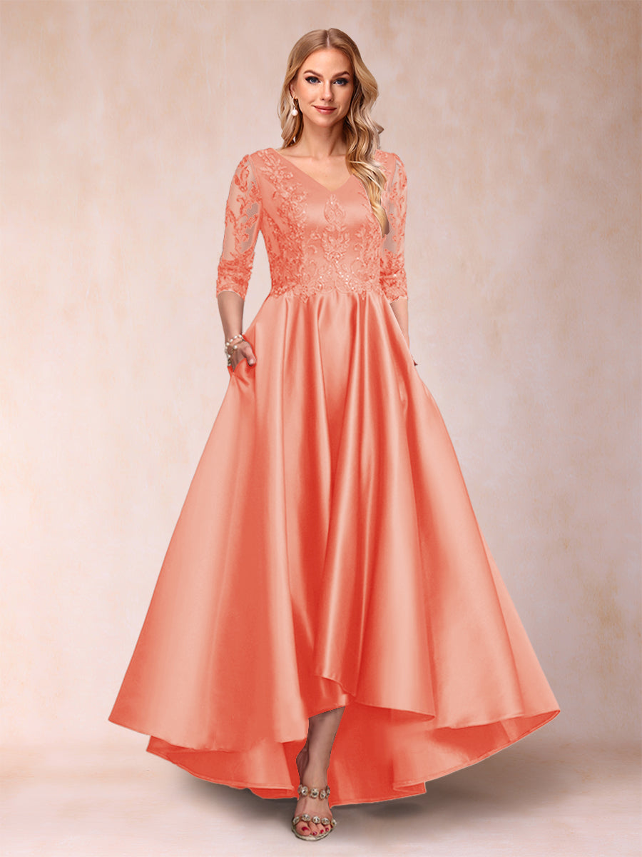 A-Line/Princess V-Neck 3/4 Sleeves Asymmetrical Mother of the Bride Dresses with Appliques