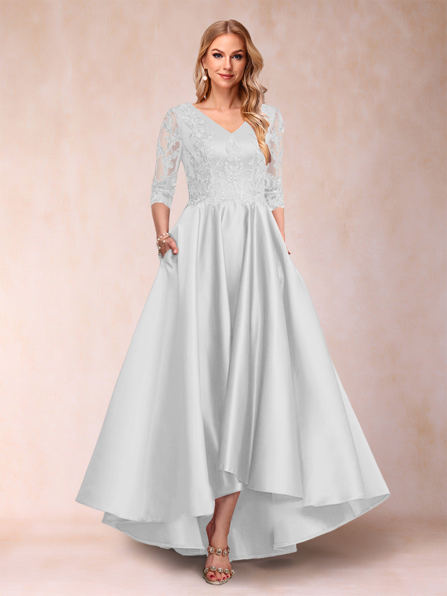 A-Line/Princess V-Neck 3/4 Sleeves Asymmetrical Mother of the Bride Dresses with Appliques