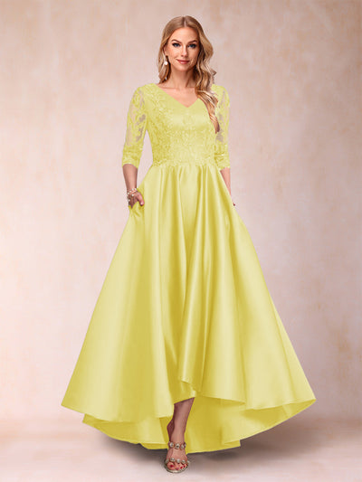 A-Line/Princess V-Neck 3/4 Sleeves Asymmetrical Mother of the Bride Dresses with Appliques