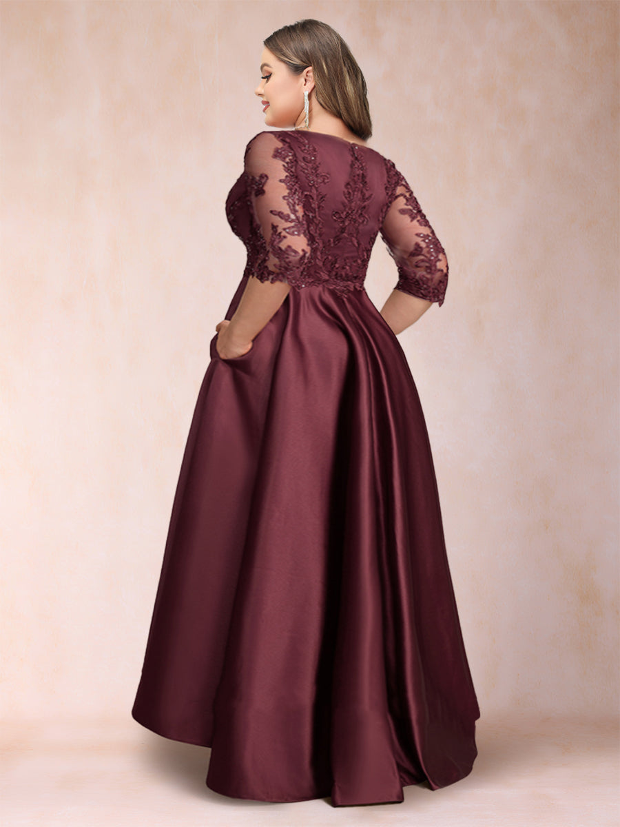 A-Line/Princess V-Neck 3/4 Sleeves Asymmetrical Plus Size Mother of the Bride Dresses with Appliques