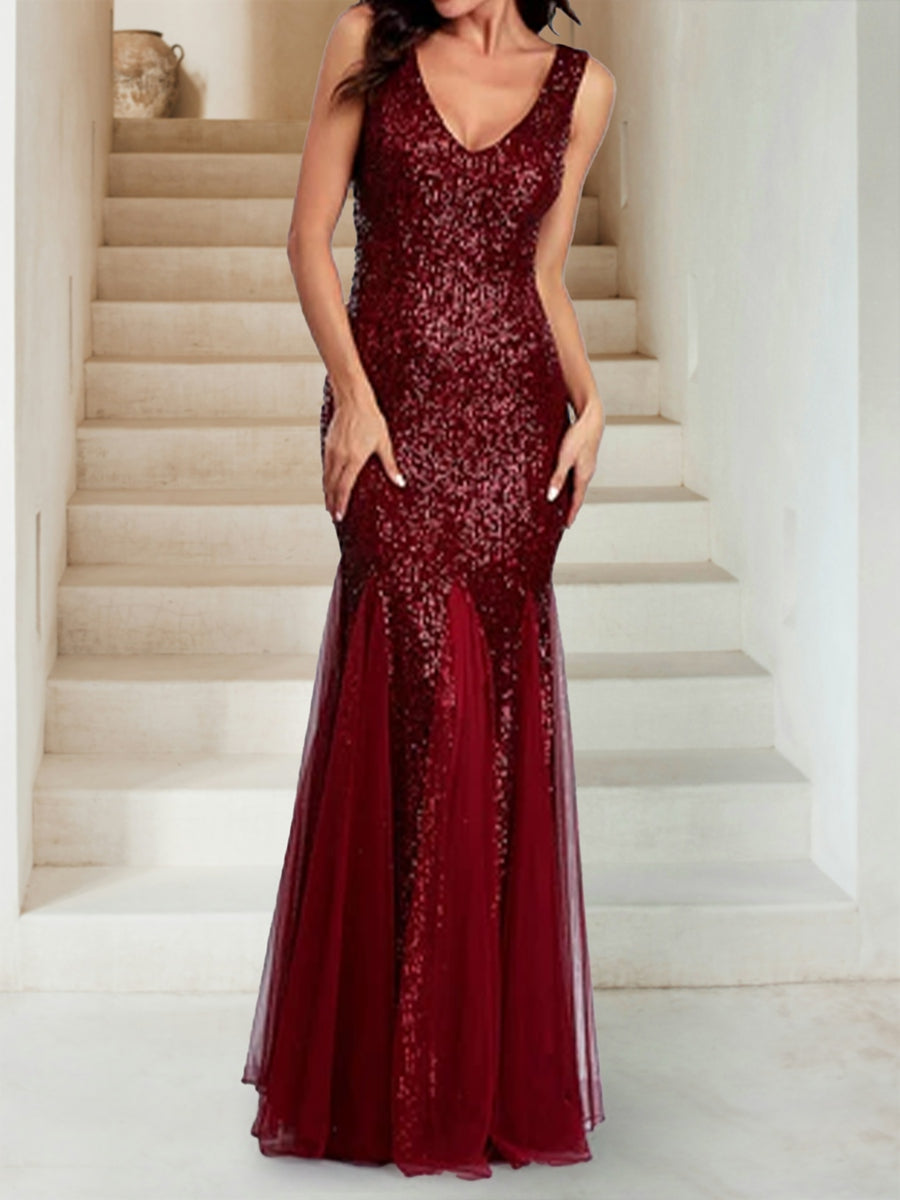 Sparkly Trumpet/Mermaid V-Neck Sleeveless Floor-Length Bridesmaid Dresses