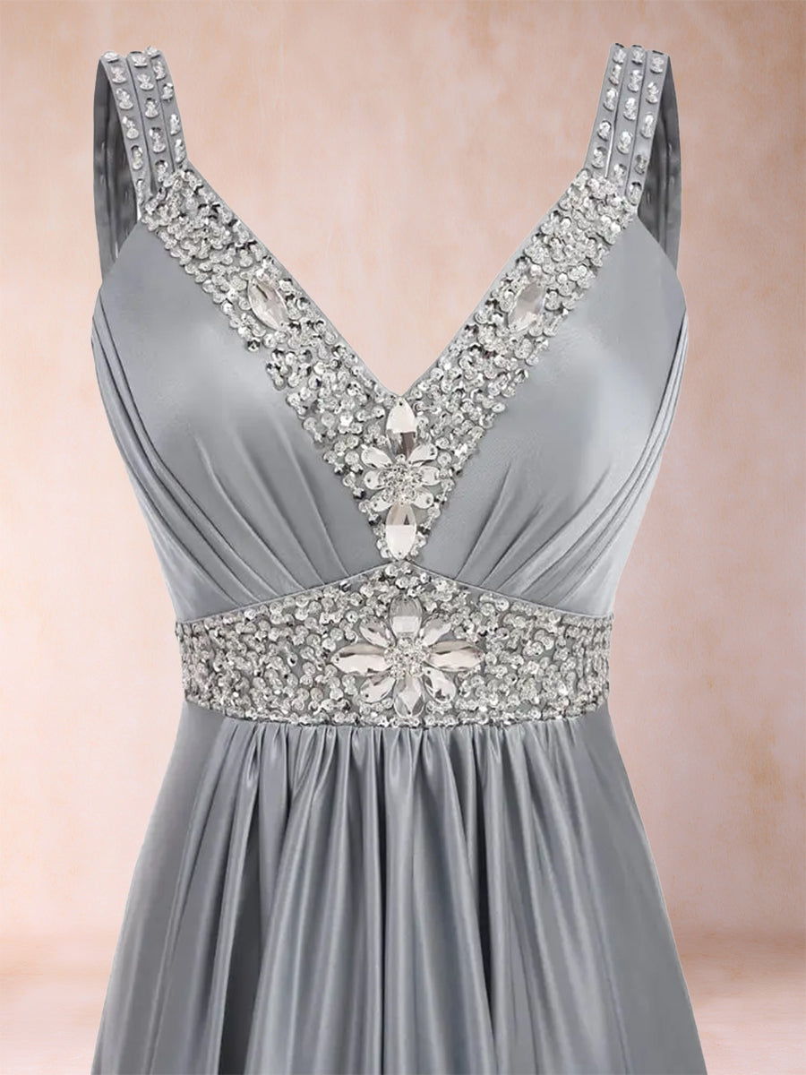 A-Line/Princess V-Neck Sleeveless Ruched Evening Dresses with Delicate Rhinestone