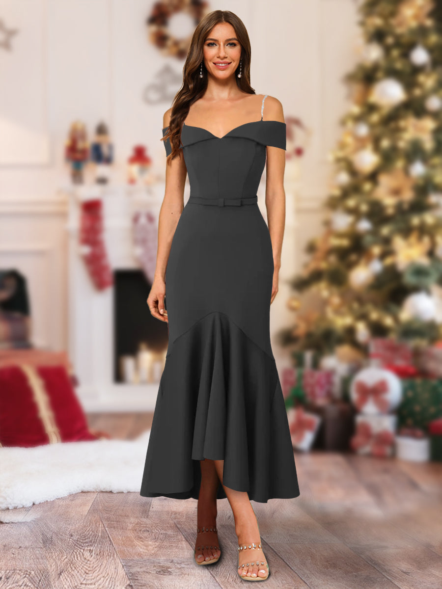 Trumpet/Mermaid Off-the-Shoulder Asymmetrical Christmas Dresses with Sash & Ruffles