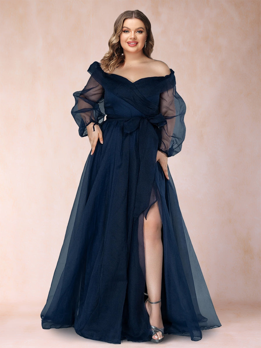 A-Line/Princess Off-the-Shoulder Long Sleeves Plus Size Mother of the Bride Dresses with Split Side