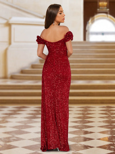 Sheath/Column Off-the-Shoulder Floor-Length Ruched Prom Dresses with Side Slit