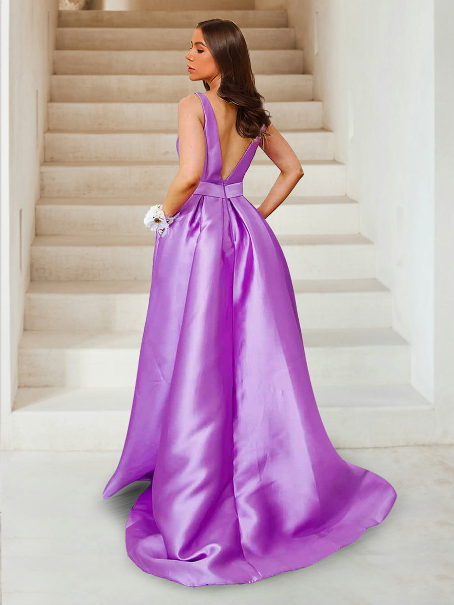 A-Line/Princess Deep V-Neck Ruched Evening Dresses with Belt & Pockets