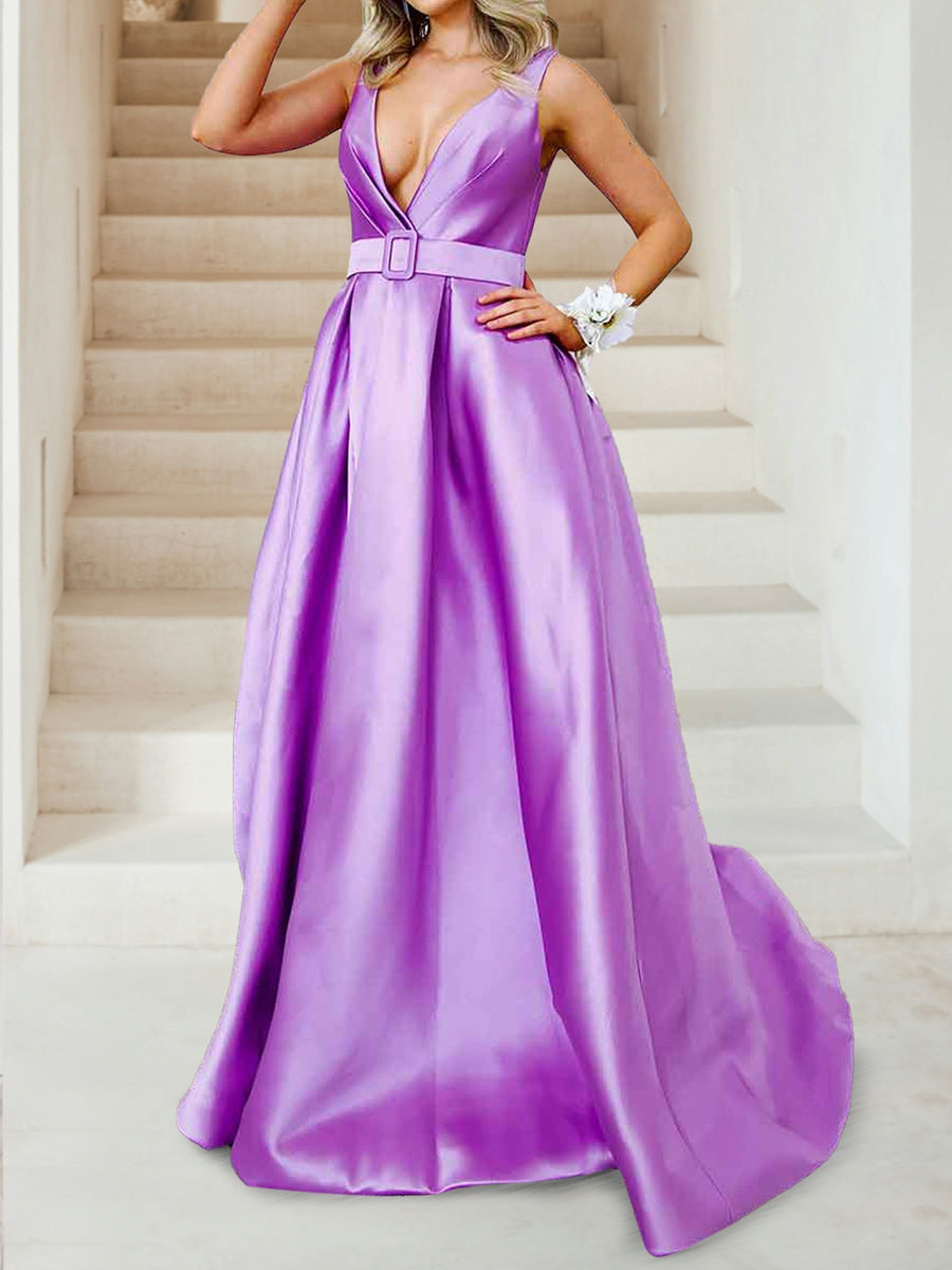 A-Line/Princess Deep V-Neck Ruched Evening Dresses with Belt & Pockets