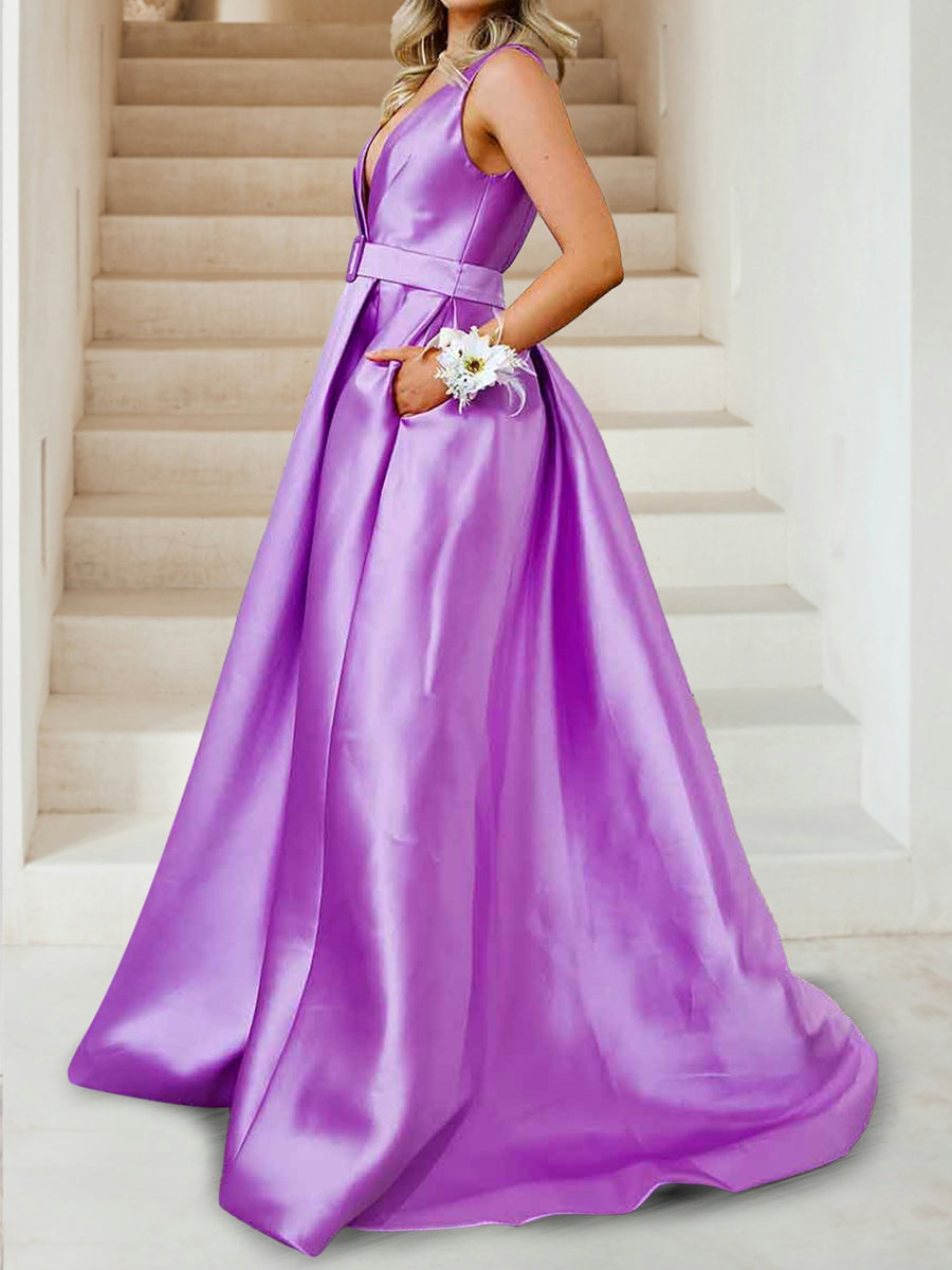 A-Line/Princess Deep V-Neck Ruched Evening Dresses with Belt & Pockets