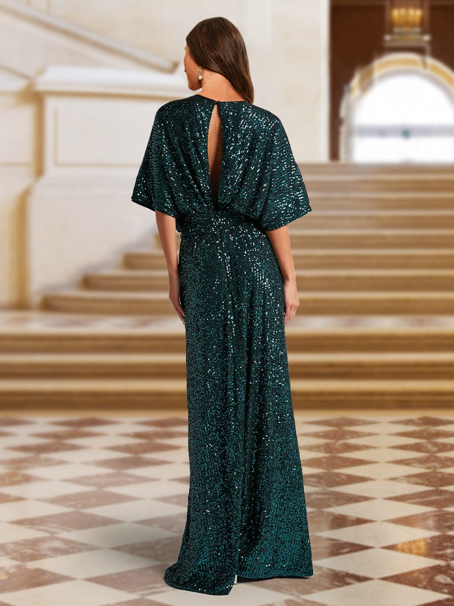 A-Line/Princess Plunging Neck Short Sleeves Sequin Evening Dresses with Split Side