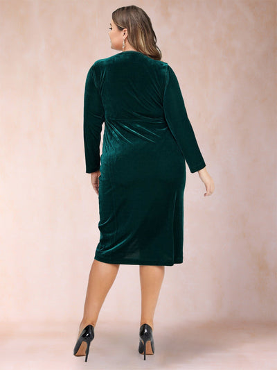 Tulip Crossover V-Neck Long Sleeves Ruched Plus Size Evening Dresses