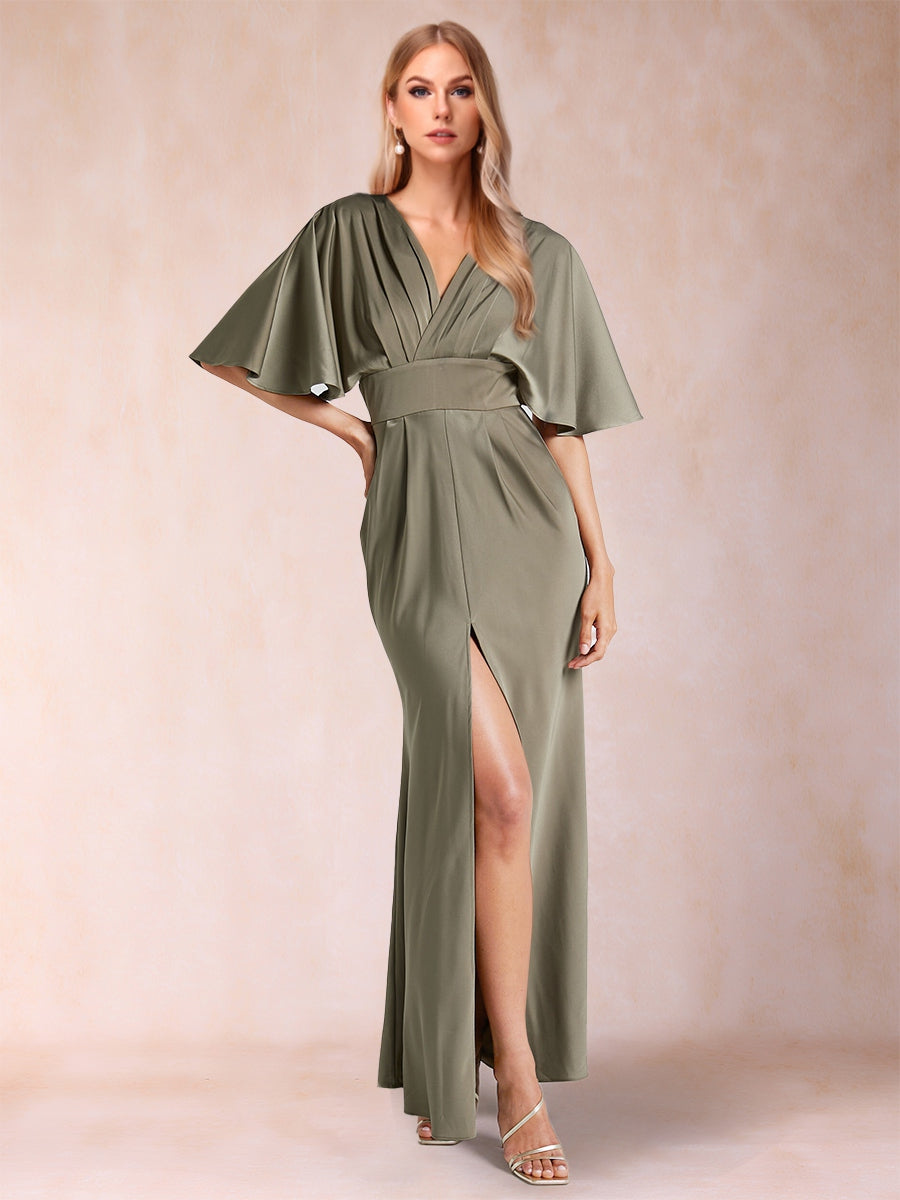 Sheath/Column V-Neck Short Sleeves Silk Satin Evening Dresses with Split Side