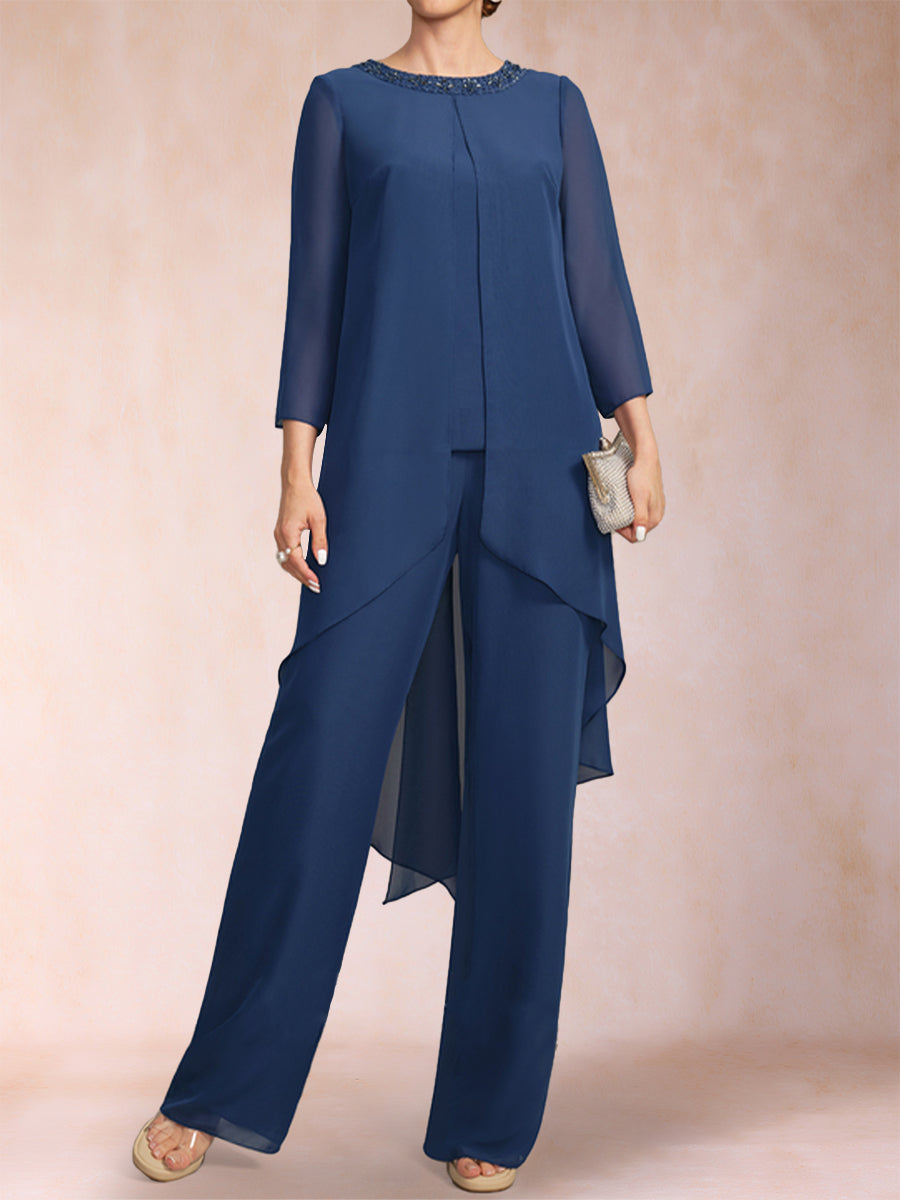 Chiffon Scoop Long Sleeves 3 Pieces Pantsuits with Rhinestone & Jacket